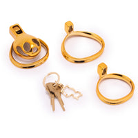 The captivating gold finish and integrated lock of our flat cock cage offer the perfect blend of security and style. Its playful pink hue and versatile mini to XXL options ensure comfort and a vice-like grip, allowing you to embrace your sissy side with a discreetly smaller design.