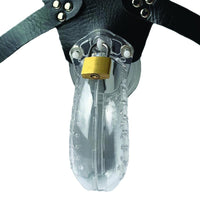 Experience ultimate control with the Clear Chastity Belt a transparent cage and harness. Pair it with a bra, shorts, shirt, shirts, or tights. Featuring a plug penis, it keeps him securely locked while you tease and tantalize.
