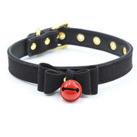 Charming Leather Sissy Chastity Bow Tie: an ergonomic tie that adjusts to measure perfectly around the neck, preventing slipping with its secure string. The front chime emits a subtle penis cage sound, adding playful allure to your BDSM sessions.