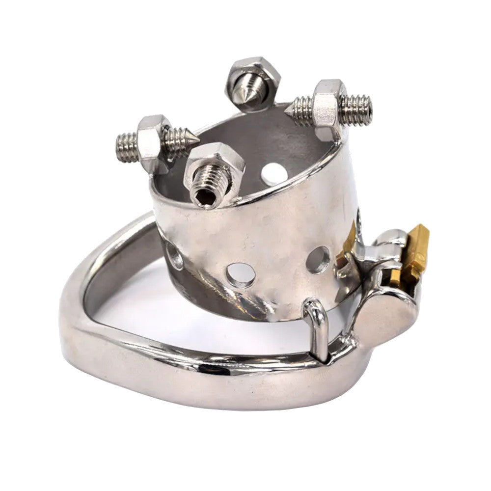 Experience ultimate control and heightened intimacy with our cage steel device. This Chastity spiked cage features a spiky, dual-sided design that ensures he stays chaste for the longest time. Say goodbye to too much self-indulgence and unwanted orgasms, and embrace a new level of trust and excitement in your relationship.
