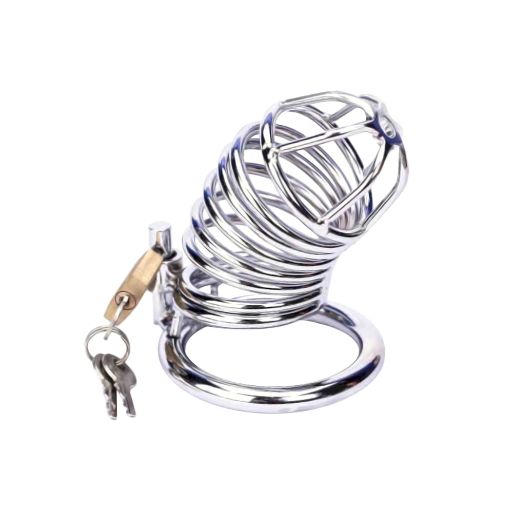 Stainless steel cock cage with slatted design allows sneaky teasing and quick peeks, keeping small male anatomy snug and secure. Enjoy festive control this Christmas!