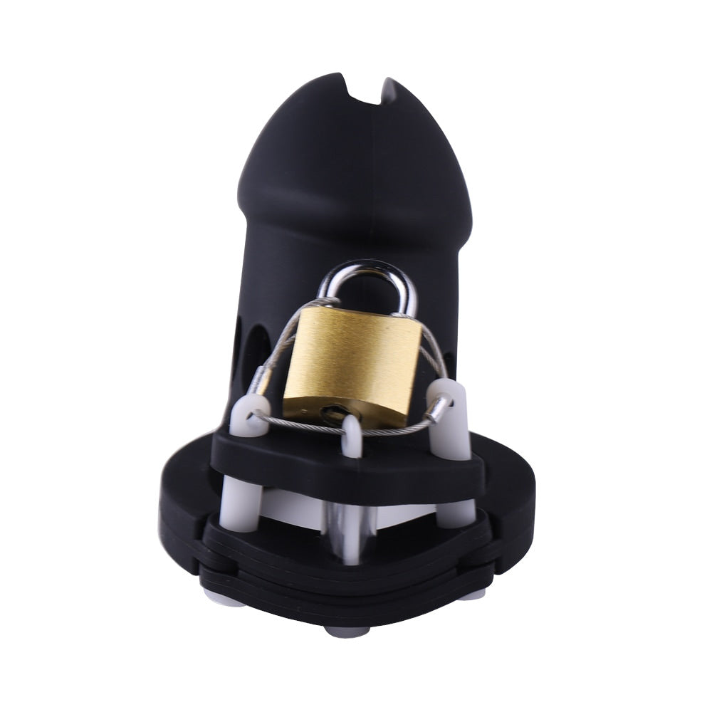 Decide to take control with our Silicone Black Chastity Cage. This device works seamlessly, turning you into a willing prisoner of pleasure. Finding the perfect fit is possible with adjustable chastity rings.