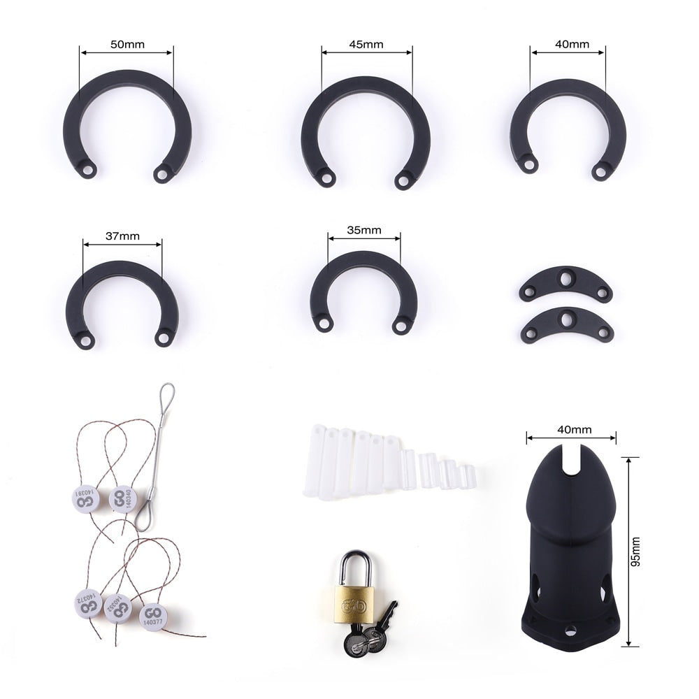 Discover the ideal size with our black silicone chastity cage, designed for comfortable night wear. Adjustable rings allow precise sizing; with dimensions ensuring optimal fitment, this device provides secure restraint, enhancing your experience effortlessly.