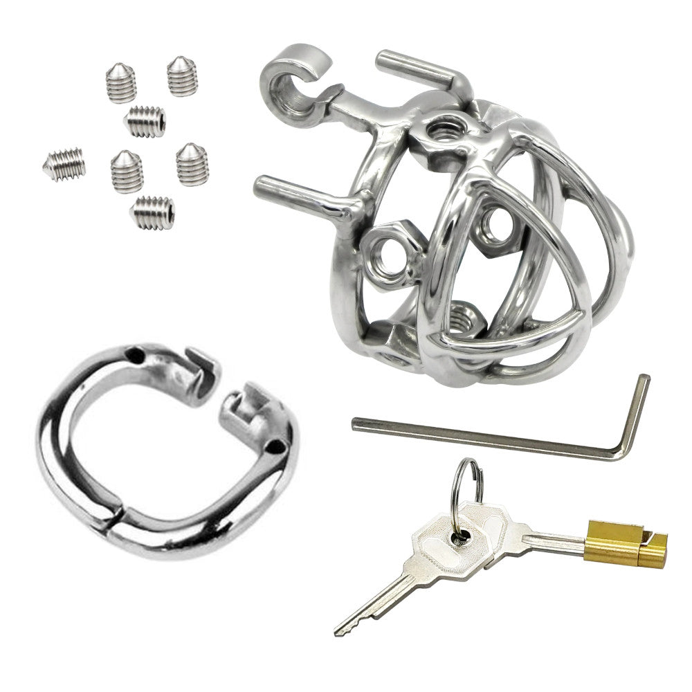 Master your body and cock with the Spiked Iron Maiden In Distress cage. Designed for the tiny male, it's extremely effective. Secure opening ensures inward tuck, even during urinating.