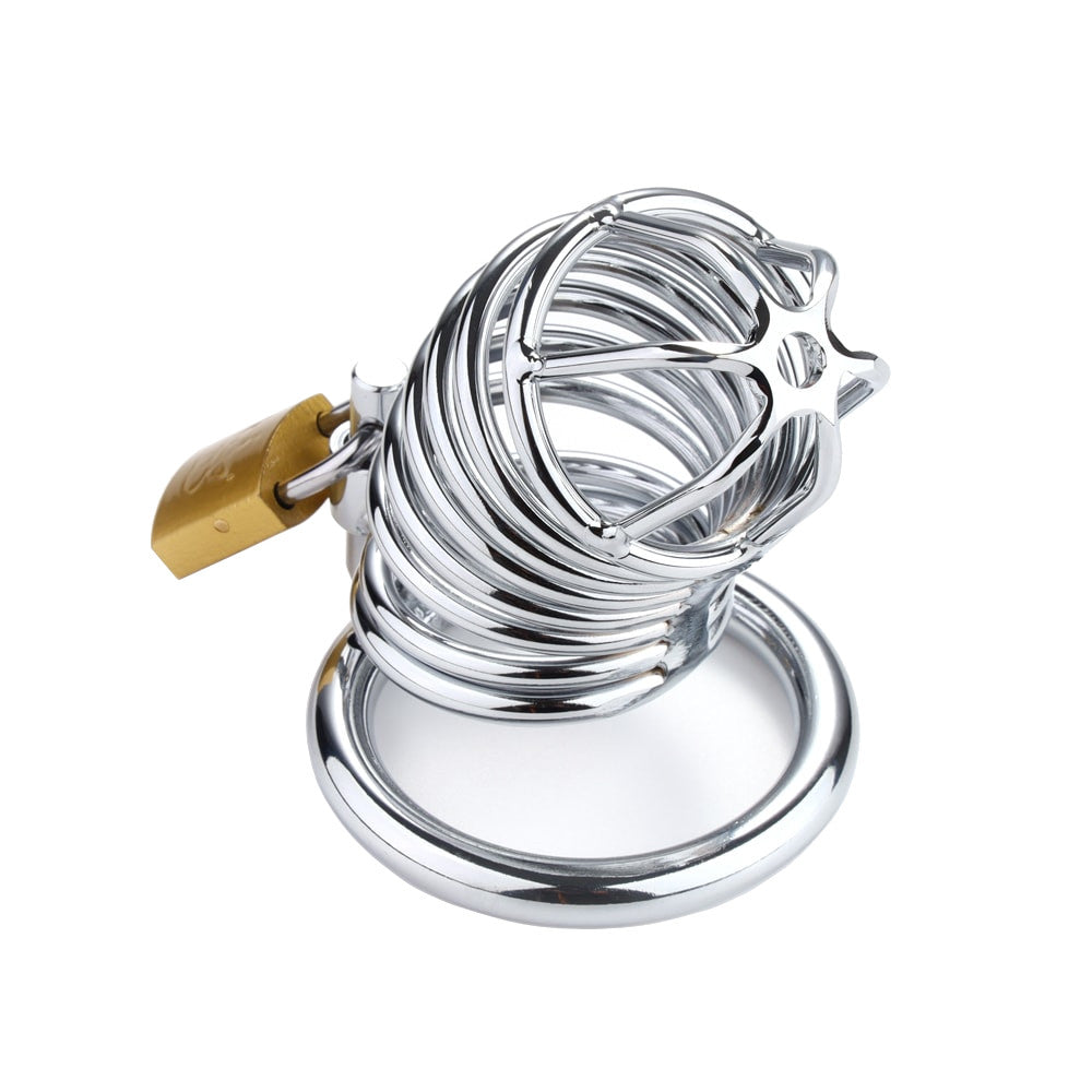 The chrome spiral cage boasts sleek looks and a distinctive detector-like pattern, ensuring secure fit with three rings. Its breathable design and robust build offer comfort and style, making it ideal for BDSM enthusiasts.