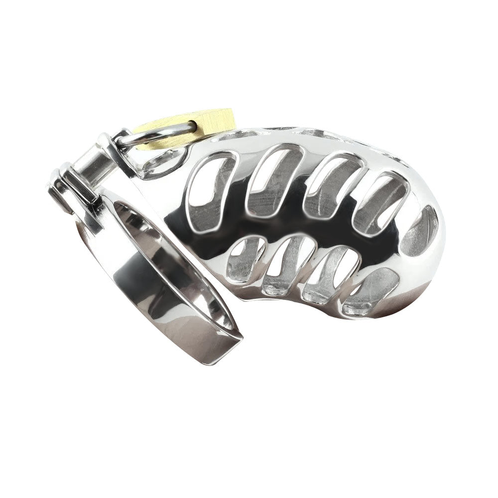 Behind intricate snake-like trails, the stainless steel cage captivates a locked yet lockless allure. Keyholders find joy in its artistry, similar to taming a rattlesnake.