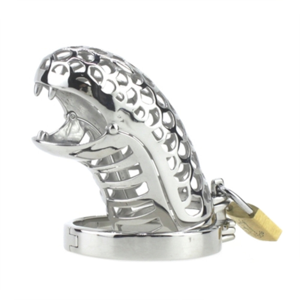 Stainless steel penis cage shaped like a serpentine basilisk. Offers xtreme vibrating sensations and ensures no testical discomfort. Perfect for temperature-sensitive play and prolonged wear.