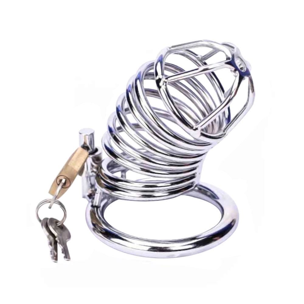 Upgrade your intimate play with this spiral chastity cage ring, built to set a new standard in comfort and restraint. Crafted from stainless steel, it ensures a complete blackout of unauthorized pleasure.