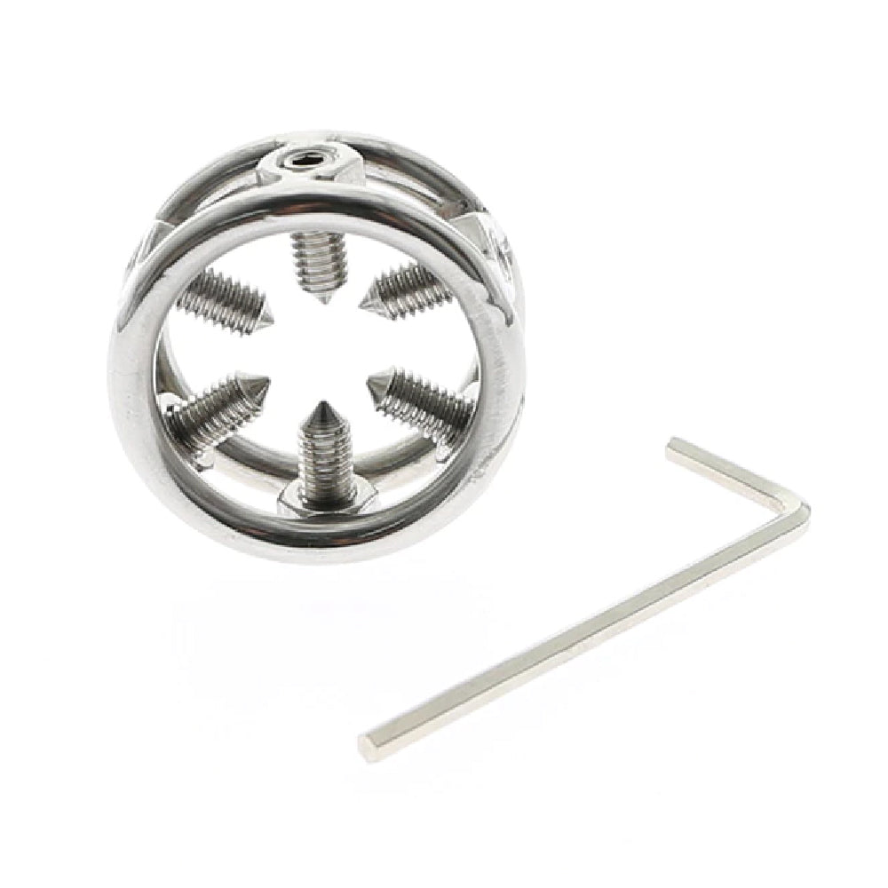 Stainless steel device with spiked Chastity spikes offers bold attachment to your desires. Pop on our website to explore unique control dynamics with our logo.