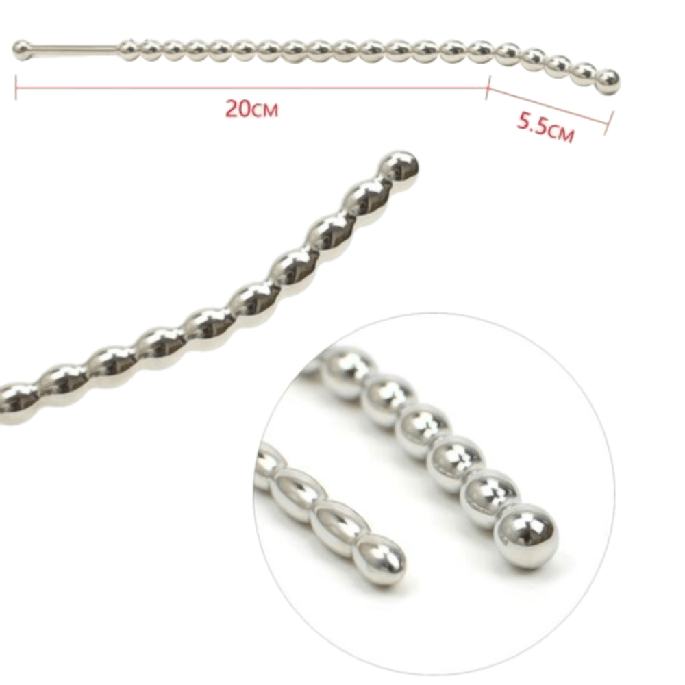 Elevate your pleasure with our 10-inch beaded sounding dick cage! This thin yet girthy stainless steel plug offers comfy insertion for both narrow and wider urethras. Body-safe and durable, it's designed for ultimate satisfaction.