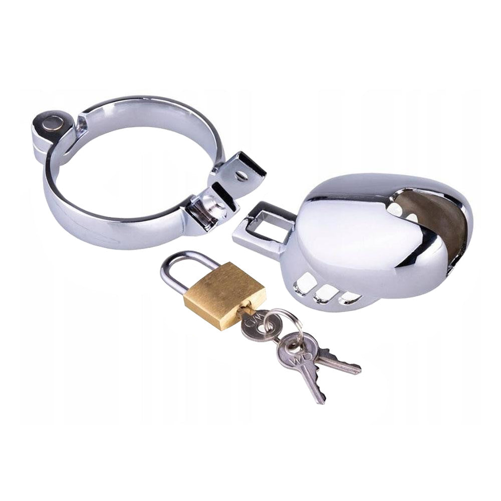 Metal cock cage crafted from durable stainless steel for ultimate control and comfort. With snap ring, secure locking, and open design, it ensures hygiene while exploring BDSM. Ideal for extended wear, chastity, and submission. Urinate easily, stay secure, and indulge in denied release as mouth and touch tantalize desires.