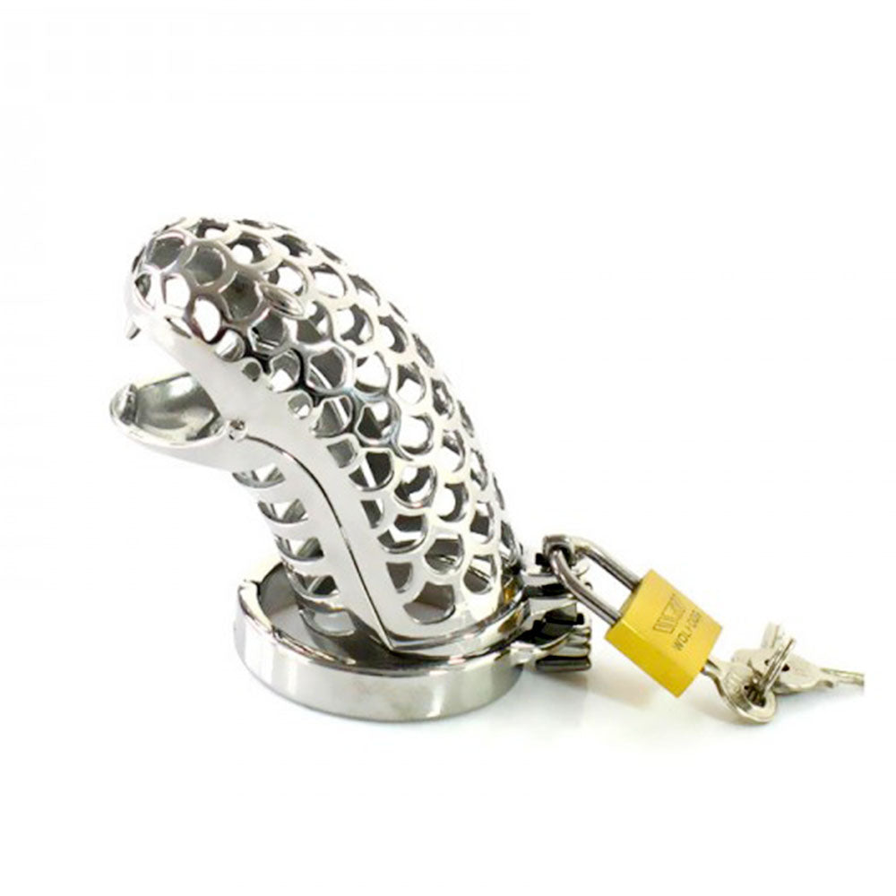 The Basilisk stainless steel penile cage combines secure incarcerator design with customizable fit. This cock cage, featuring gatling ring options, ensures comfort and psychological allure.