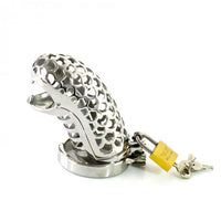The Basilisk stainless steel penile cage combines secure incarcerator design with customizable fit. This cock cage, featuring gatling ring options, ensures comfort and psychological allure.