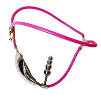 Pair it with your heels as he wears this chastity belt male device. The cage steel locks him securely, while the movable beaded butt plug adds sensations. Available in silver. Unlock control keys and box included.