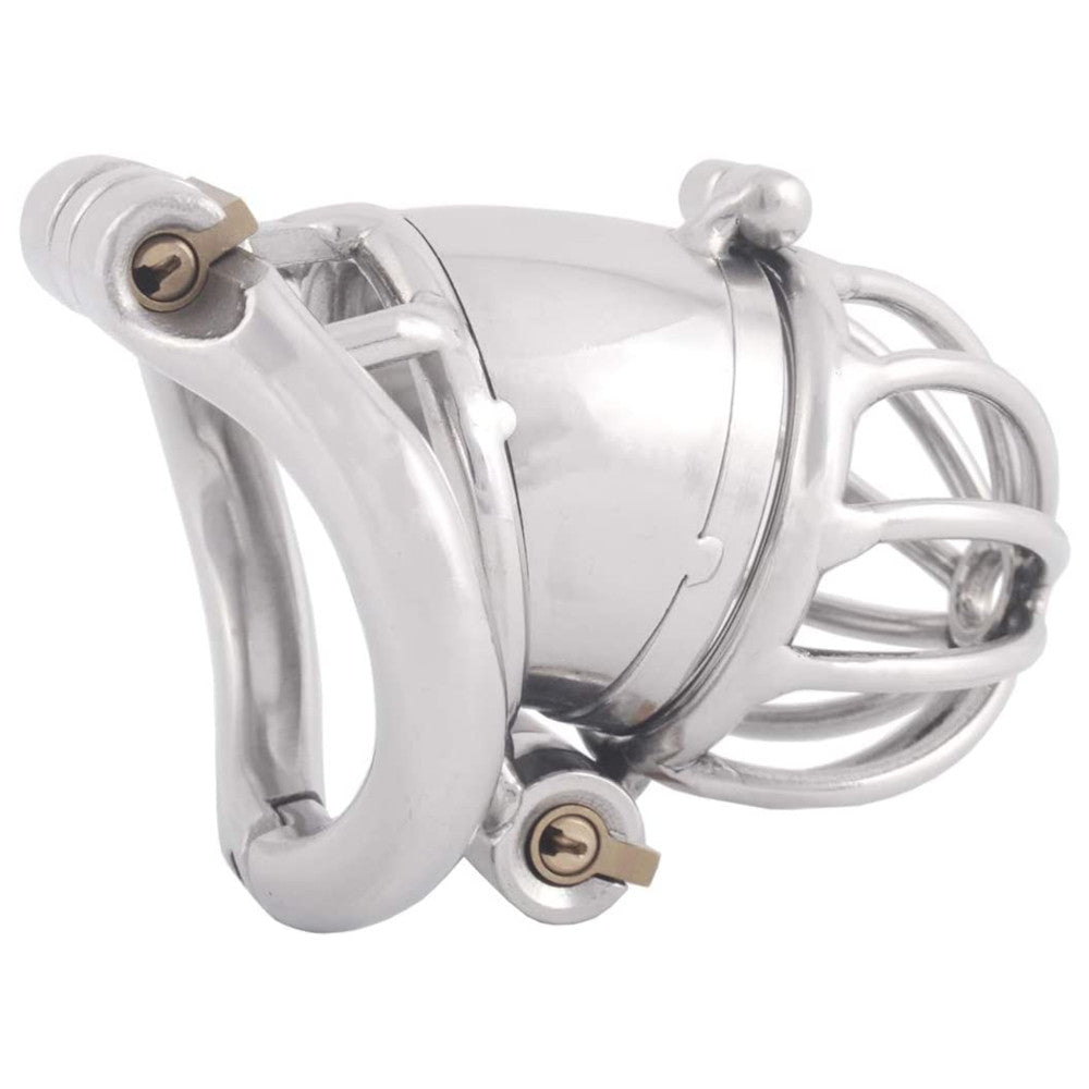 Discover the mini male metal cock cage a sleek, stainless steel device featuring a cobra-like profile and honeycomb design. It not only looks discreet under clothing but also provides comfort and security. Check out the pic to see how it enhances your experience.