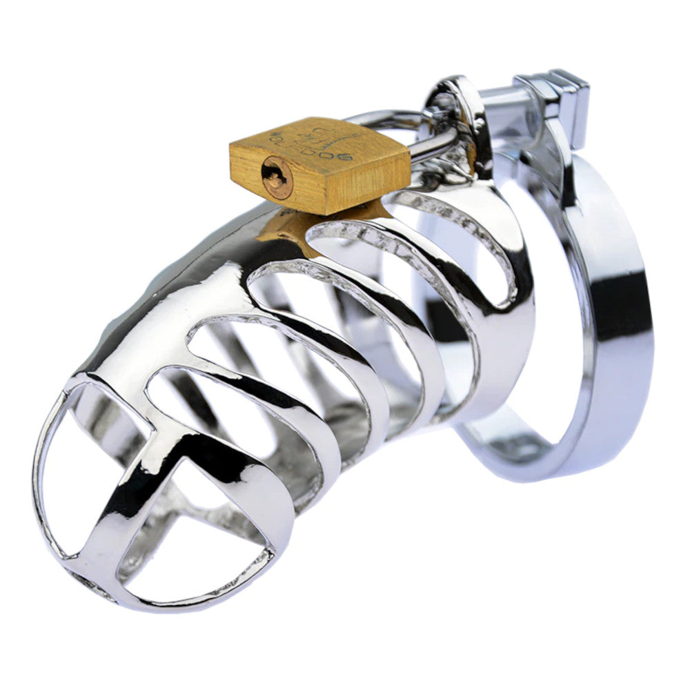 The Coil of Despair is a robust steel cock cage designed for comfort without pinch, ideal for growers and girthy users. Adjustable with a rubber male spacer, it combines spikes for CBT.