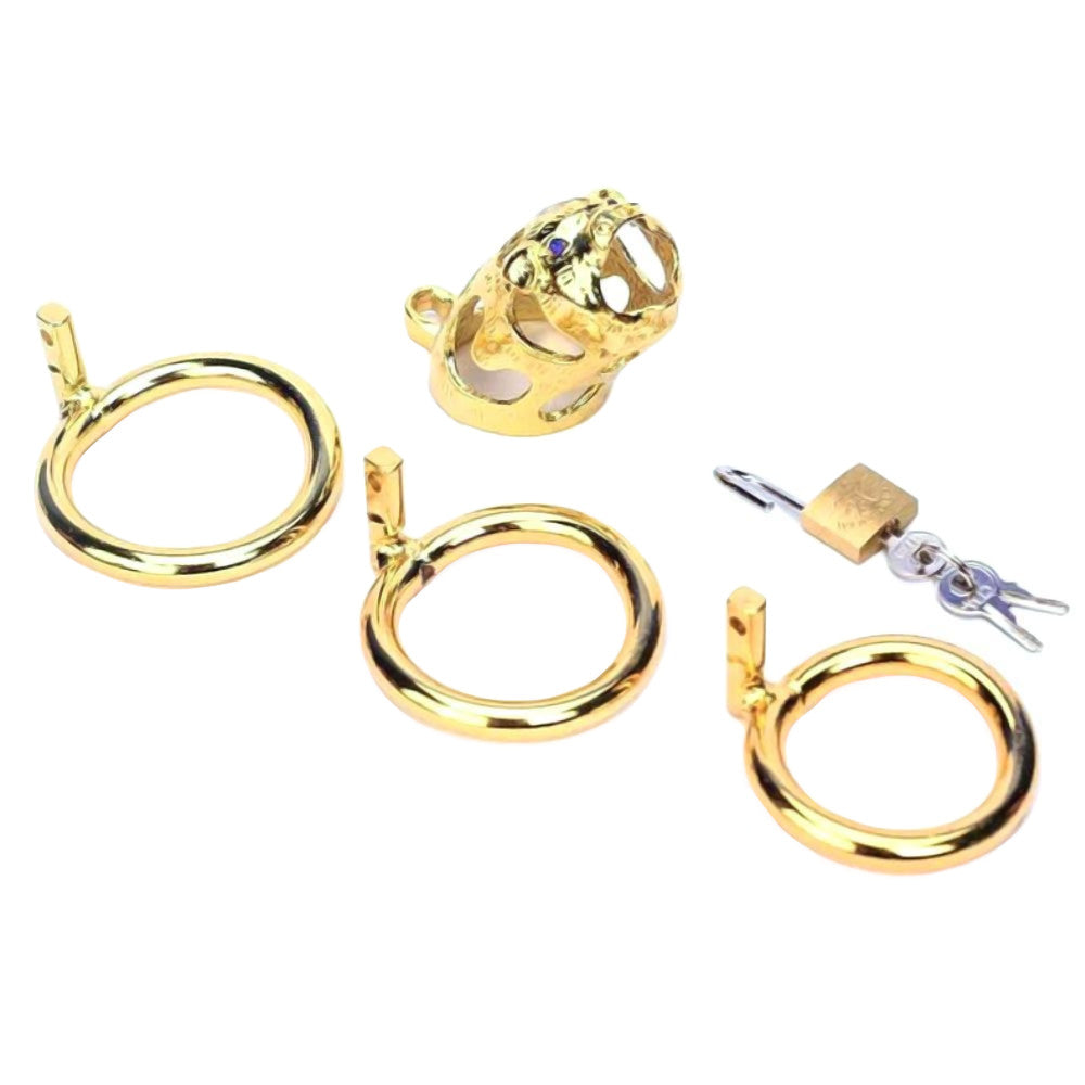 The golden metal dick cage captivates with its unique aesthetic and breathable design, transforming body reactions into disciplined desire without harmful chemical effects.