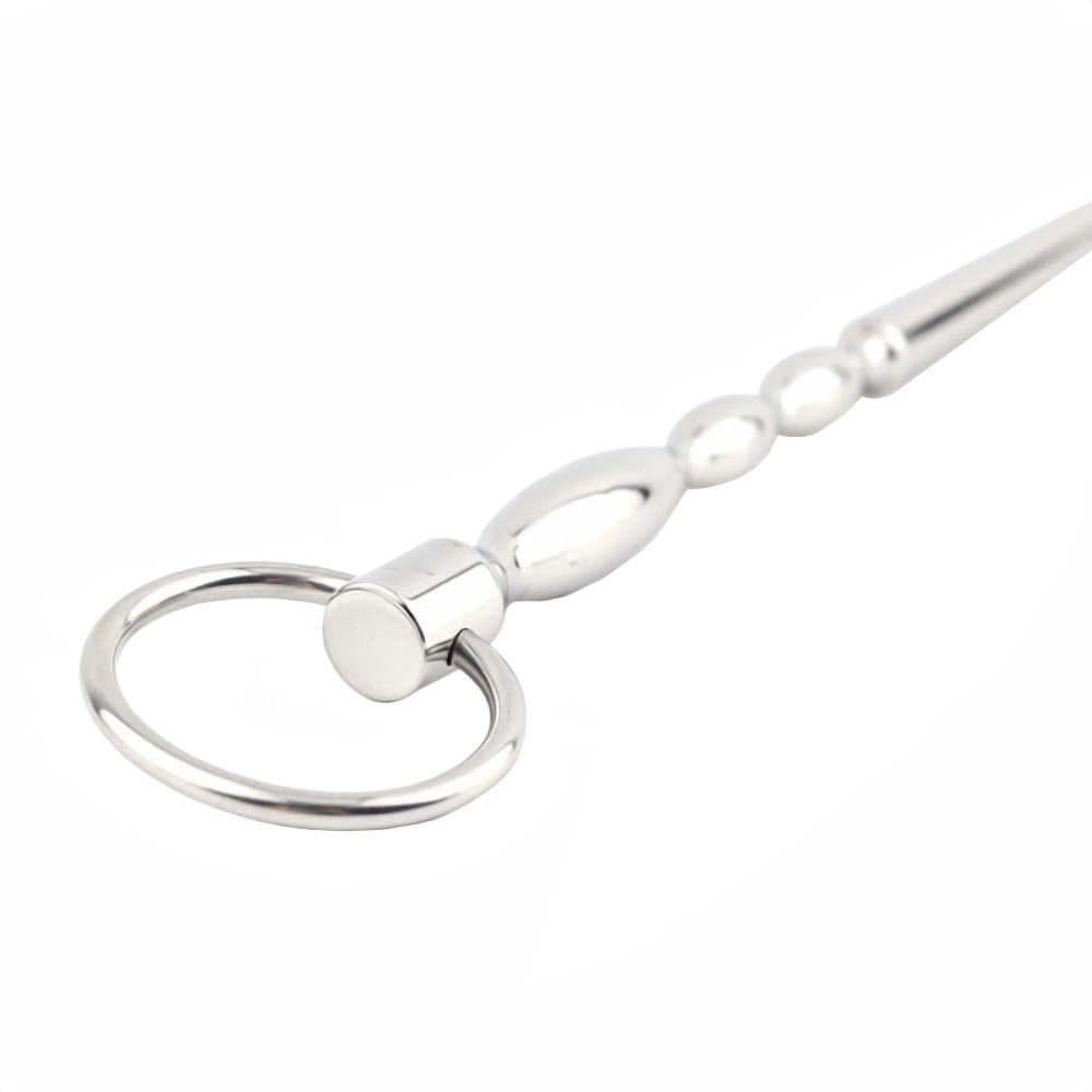 Savor intense sensations with this smooth steel chastity cage for urethral male play. The beaded rod reaches 5.1 inches, crafted with surgical tubes. Loop handle and bar design offer safe, easy use.