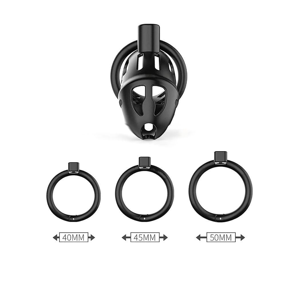 Experience glorious denial with this ergonomically designed black cage. The lightweight resin feels almost invisible on your body yet offers metal-like strength to securely encase your penis. With smaller dimensions and adjustable rings, you can find the perfect diameter for a snug, comfortable fit. This little device is meticulously crafted for long-lasting wear, ensuring your ultimate satisfaction.