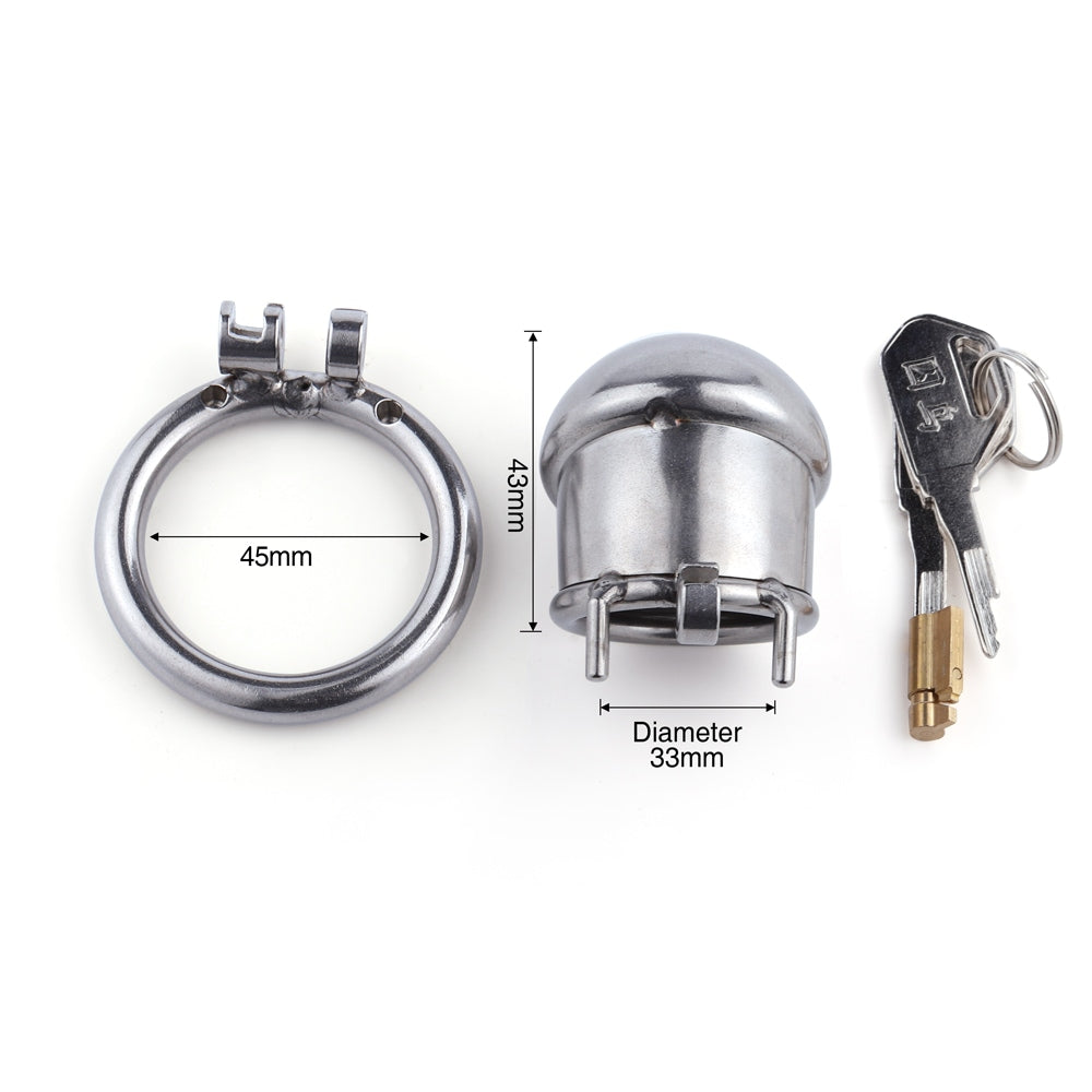 Experience unparalleled restraint with the Mistress's Little Steel cage Prison a locking cock device perfect for the tiny male. Enhance your pegging sessions as it teases your clit, prevents leaks, and redefines pleasure. Satisfaction explained.