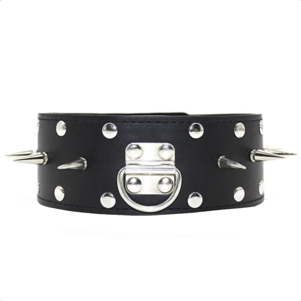 Embrace control with our punky black steel chastity device collar and leash. A study in dominance, this dangerous accessory increases excitement while preventing injuries. Its spiky design warns of danger a bold statement of ownership.