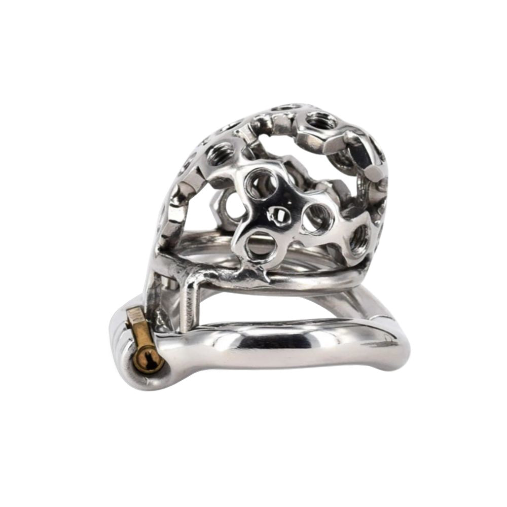 Experience a profound connection with our steel device featuring an intricate honeycomb design. Every line and curve is crafted for comfort and security, ensuring even the tiniest movements are felt inward. Fasten it securely with the lock and nut, and embrace a new level of intimacy and trust.