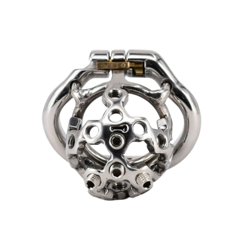 Experience heightened pleasure with our spiked male body cage. This steel device, resembling thorns, features a secure hoop and nut design. Check the photo and tips for ultimate control and excitement.