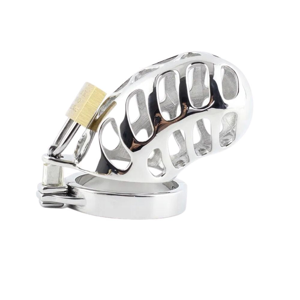 The No Escape Metal cage works as a stylish upgrade for standard models, featuring a spiral design that perfectly blends exposure with secure restraint. Its stainless steel model redefines foreplay.
