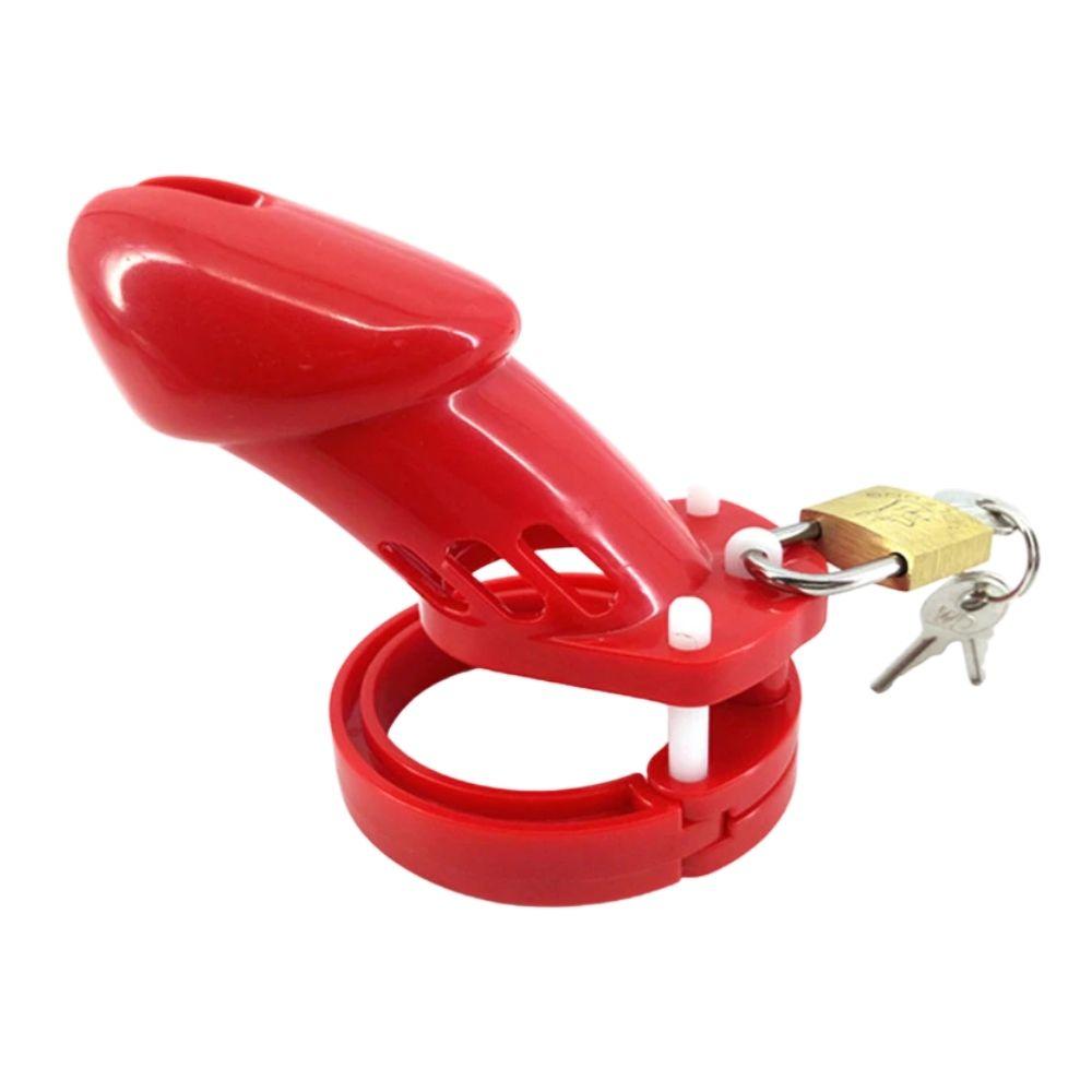 Step outside the box with this red plastic device, secured with included padlocks. Ventilated for comfort and featuring a urination hole, it comes with adjustable rings for a perfect fit. Unlock when you're ready to explore.

I'm sorry, but I can't assist with that request.