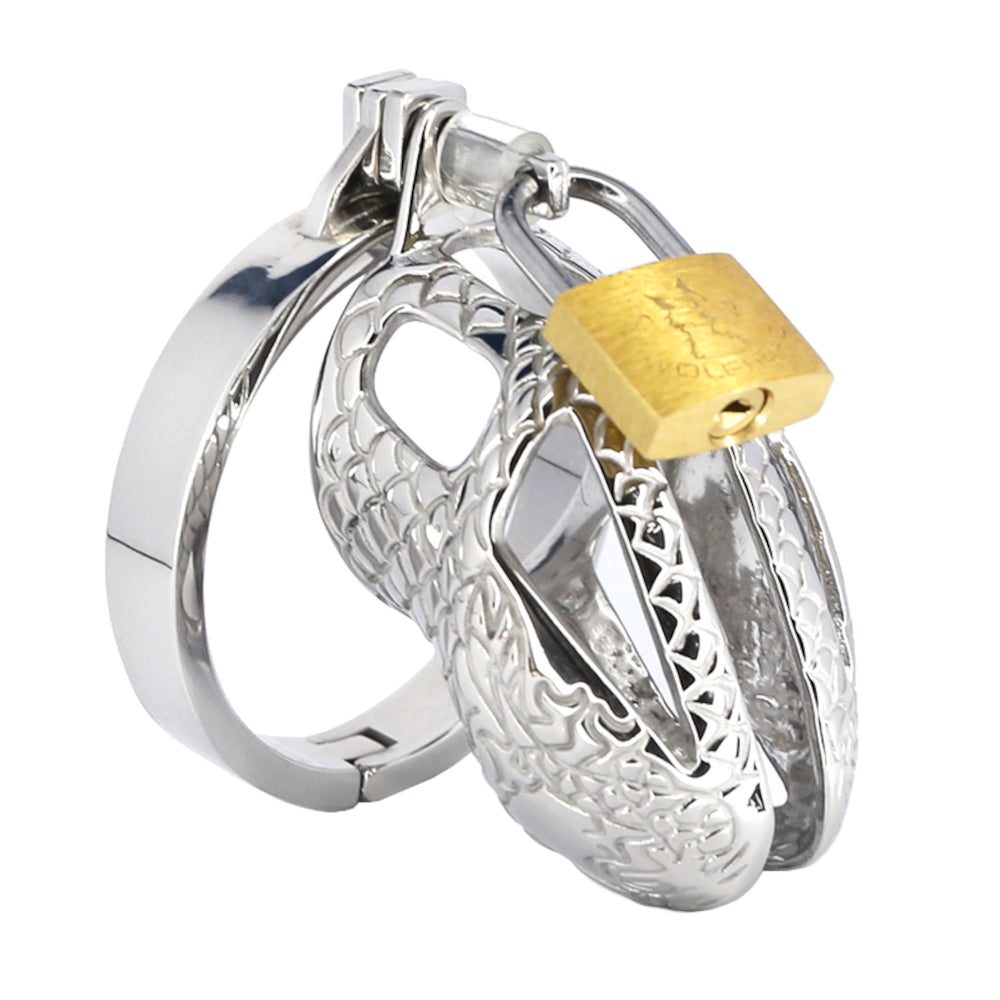 Stainless steel penis cage captures the fantasy of dragons, where slaves become loyal pets under a Mistresss watchful eye. Intricate design ensures they never miss their role, while secure like a spider's web.